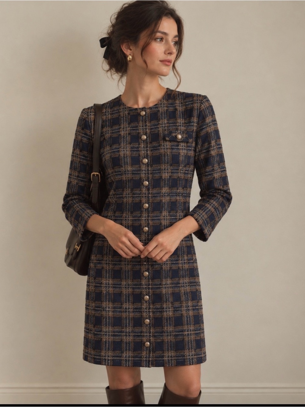 VTG Miss Dorby Dress Plaid Check Blue Tan Silver Buttons Old Money Preppy Sz 14